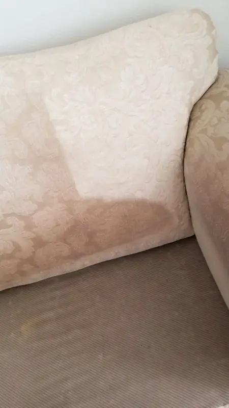 Cream damask chair arm with the cleaned fabric beside a soiled edge